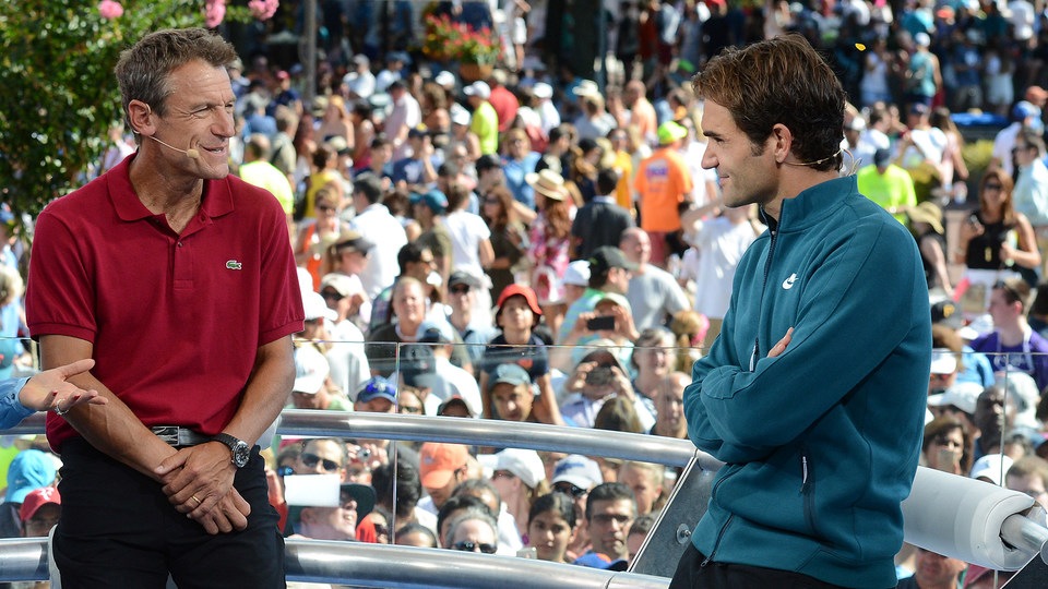 Roger Federer is interviewed by Mats Wilander at the 2015 US Open.