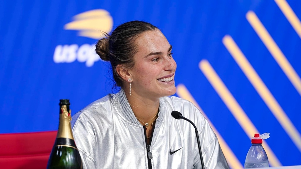 Aryna Sabalenka speaks to the media after the women's singles championship match at the 2025 US Open on Saturday, Sep. 6, 2025 in Flushing, NY. (Dustin Satloff/USTA)