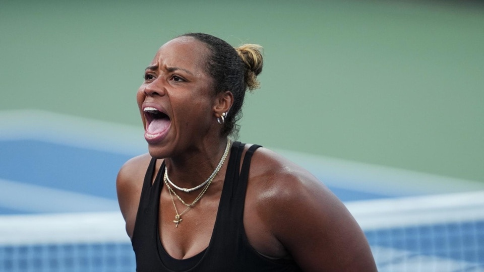 Taylor Townsend reacts during a women's singles match at the 2025 US Open on Wednesday, Aug. 27, 2025 in Flushing, NY. (Jeff Dean/USTA)
