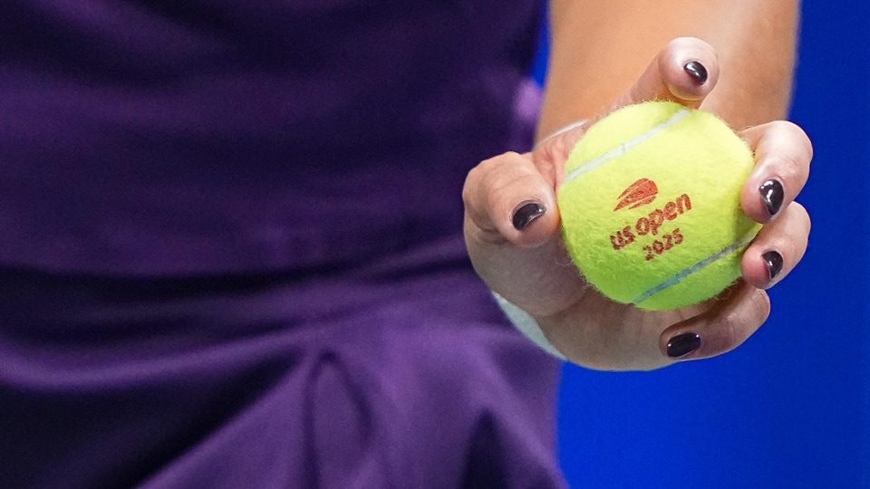 A detail photo of a tennis ball during a women's singles quarterfinal match at the 2025 US Open on Wednesday, Sep. 3, 2025 in Flushing, NY. (Garrett Ellwood/USTA)