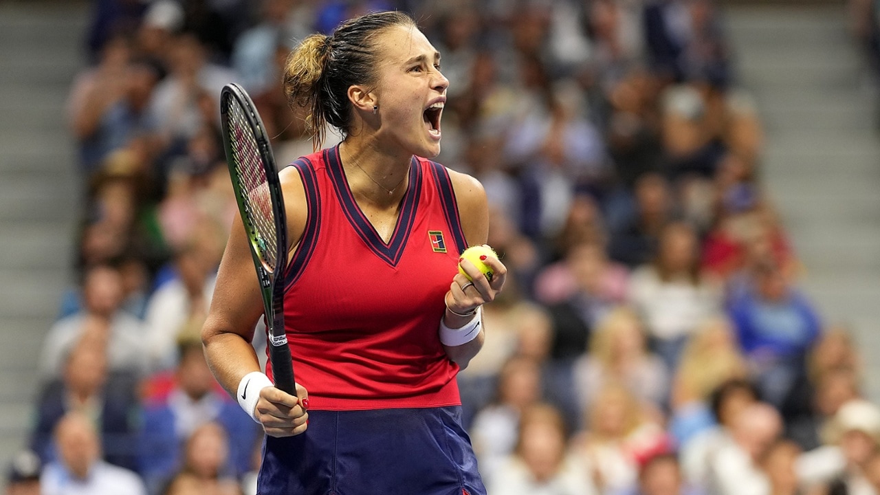 Aryna Sabalenka reacts during a Women's Singles semifinal match at the 2021 US Open, Thursday, Sep. 9, 2021 in Flushing, NY. (Darren Carroll/USTA)