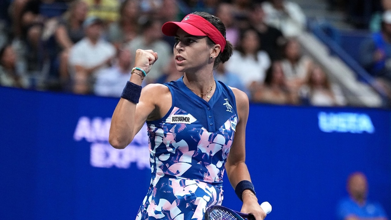 Ajla Tomljanovic reacts during a women's singles match at the 2022 US Open.