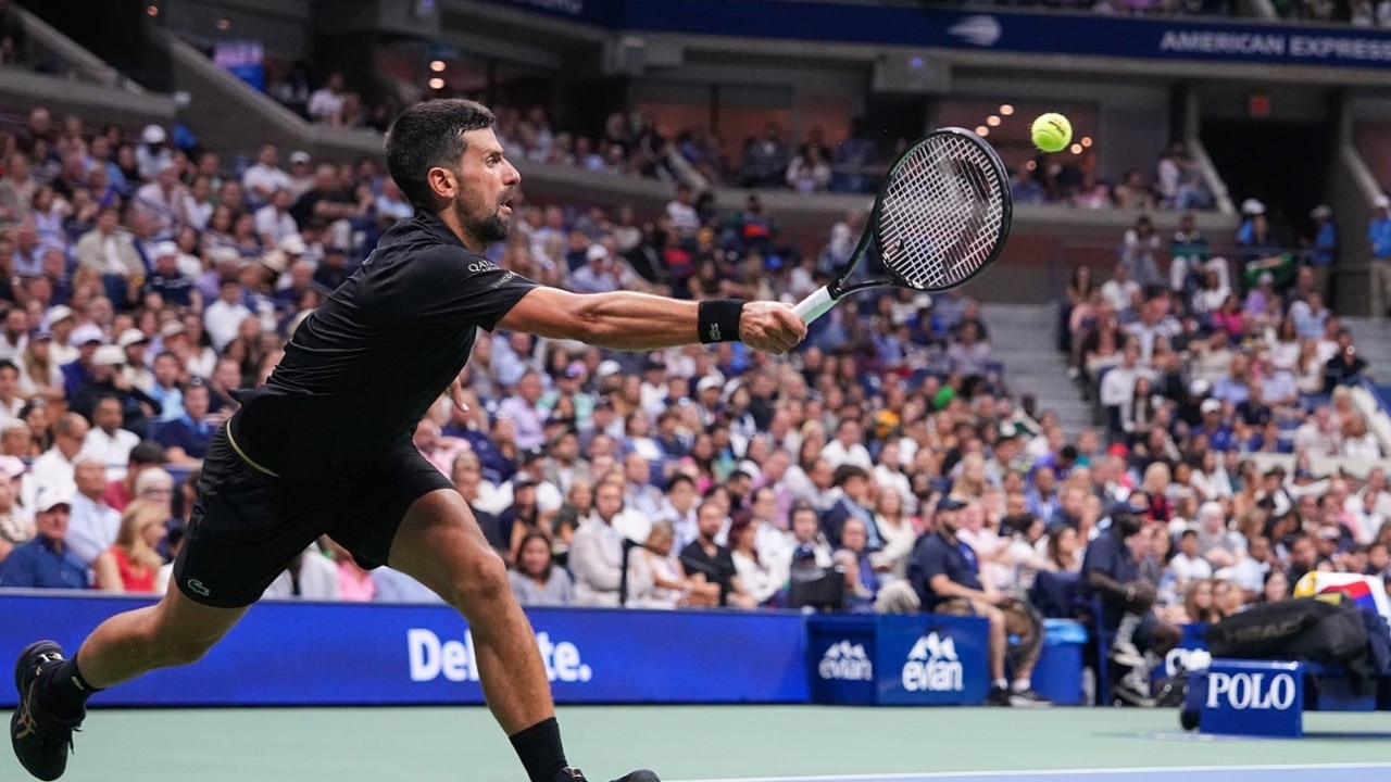 Novak Djokovic serving at US Open 2025