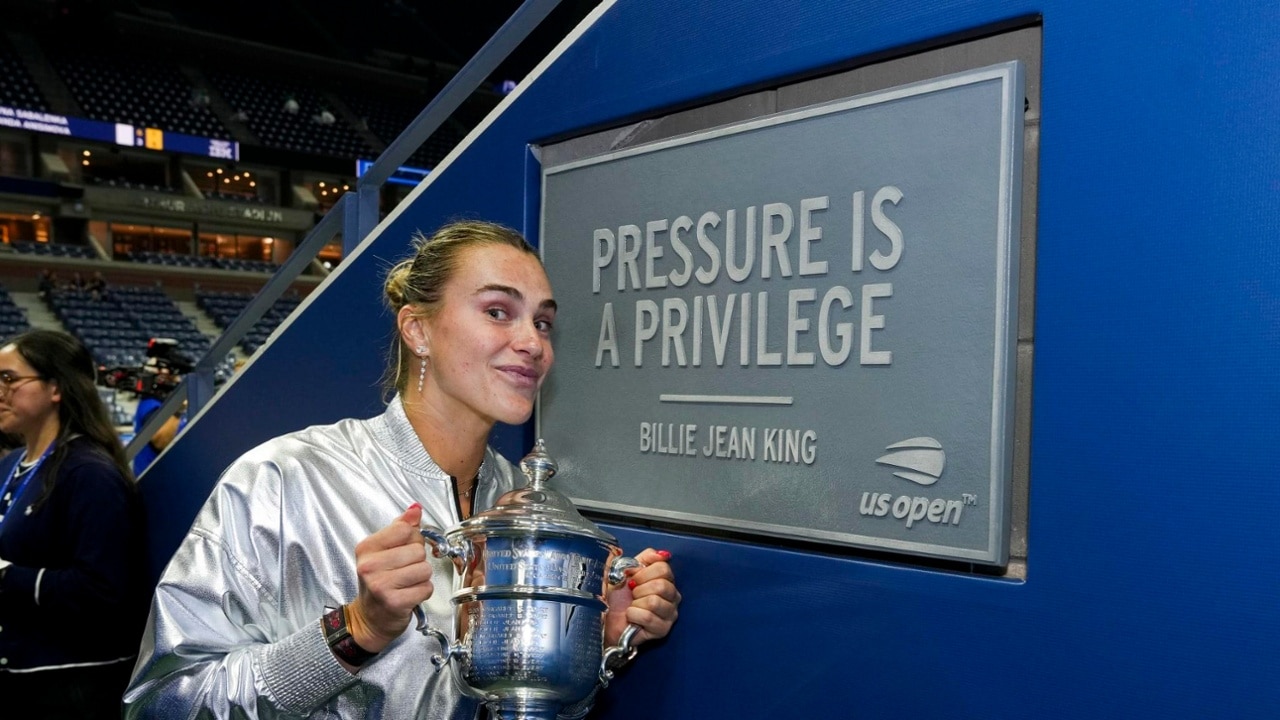 Aryna Sabalenka celebrates with the trophy after winning a women's singles championship match at the 2025 US Open on Saturday, Sep. 6, 2025 in Flushing, NY. (Darren Carroll/USTA)