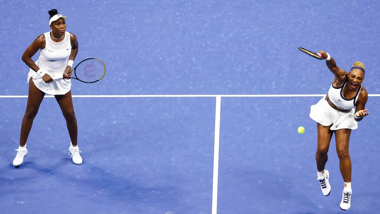 Venus Williams and Serena Williams in action during a Women's Doubles match on Day Six of the 2026 US Open at USTA Billie Jean King National Tennis Center on Friday, September 4, 2026 in Flushing, NY. (Photo by Tyler McFarland/USTA)