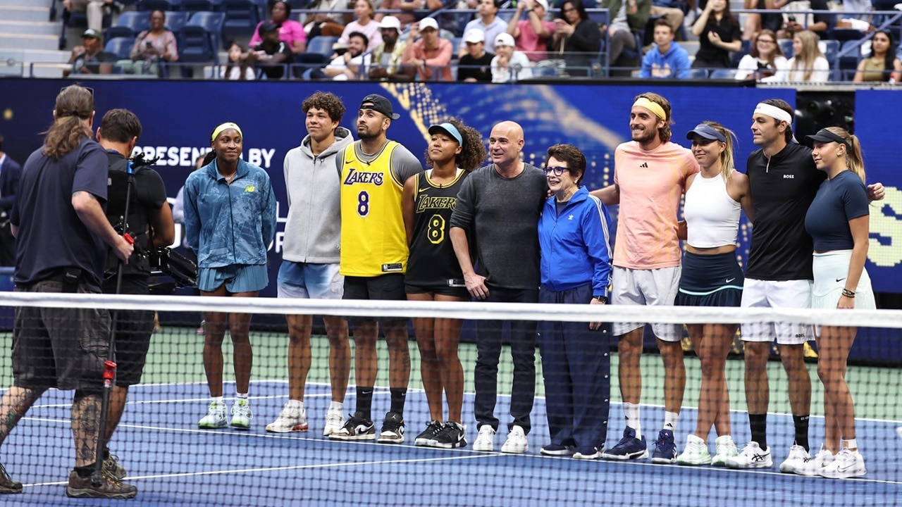 Coco Gauff, Ben Shelton, Nick Kyrgios, Naomi Osaka, Andre Agassi, Billie Jean King, Stefanos Tsitsipas, Paula Badosa, Taylor Fritz and Amanda Anisimova pose during the US Open Mixed Madness presented by IHG Hotels & Resorts as part of the 2024 US Open Fan Week