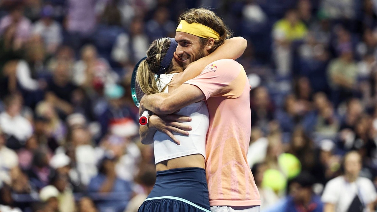 Paula Badosa and Stefanos Tsitsipas hug during the US Open Mixed Madness presented by IHG Hotels & Resorts as part of the 2024 US Open Fan Week on Tuesday, Aug. 20, 2024 in Flushing, NY. (Dustin Satloff/USTA)