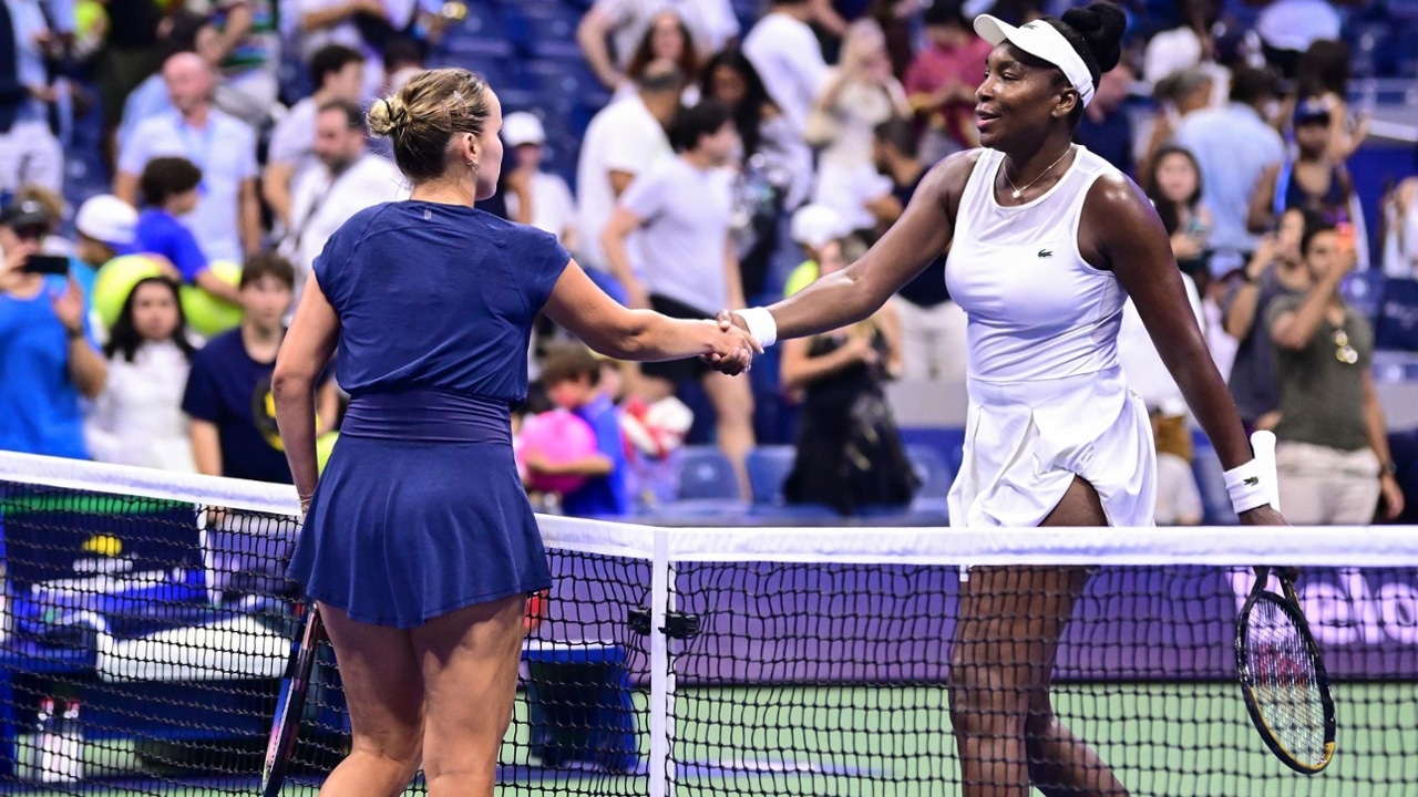 Sofia Kenin and Venus Williams shake hands at the net after a Women's Singles match on Day One of the 2026 US Open at USTA Billie Jean King National Tennis Center on Sunday, August 30, 2026 in Flushing, NY. (Photo by Mike Lawrence/USTA)