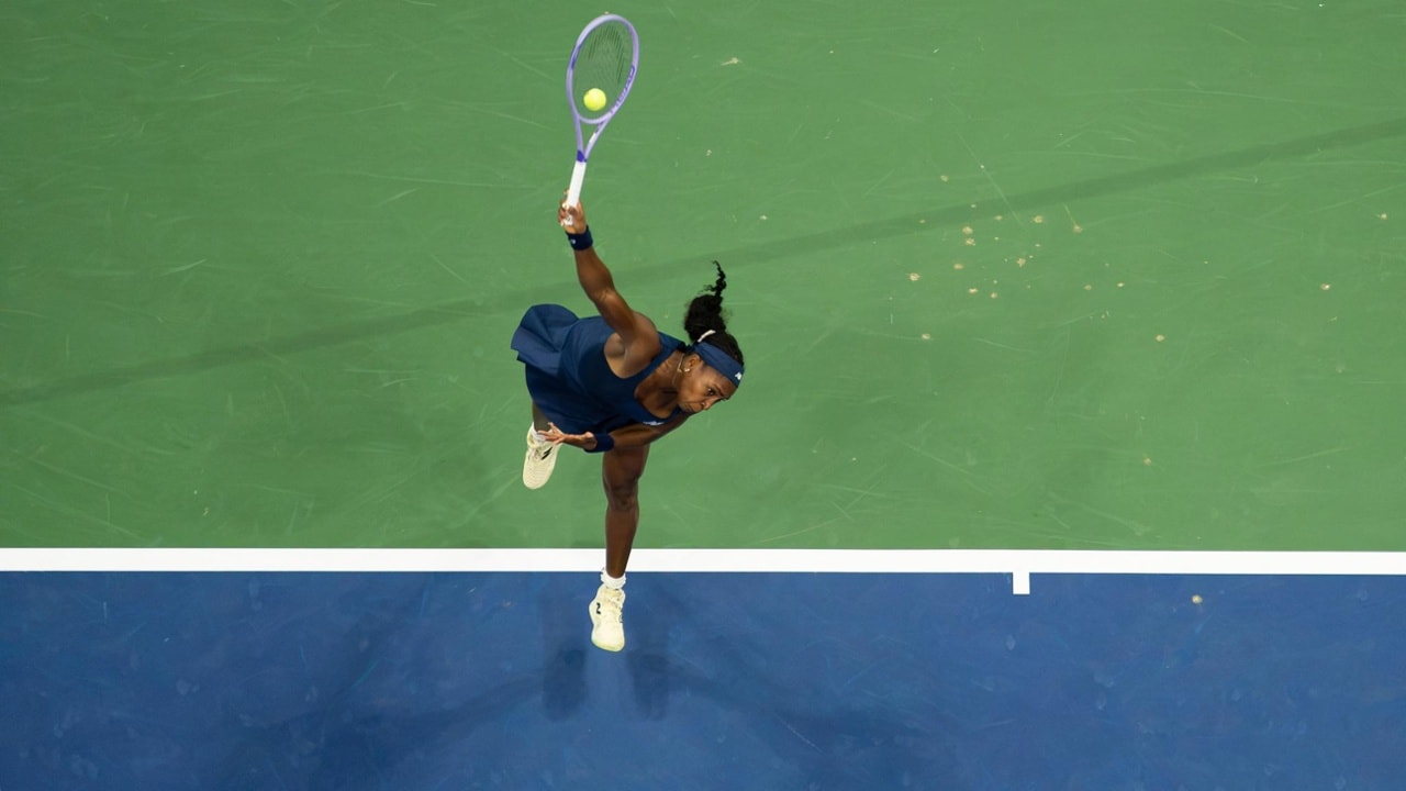 Coco Gauff serves during a Women's Singles match on Day Three of the 2026 US Open at USTA Billie Jean King National Tennis Center on Tuesday, September 1, 2026 in Flushing, NY. (Photo by Jennifer Pottheiser/USTA)