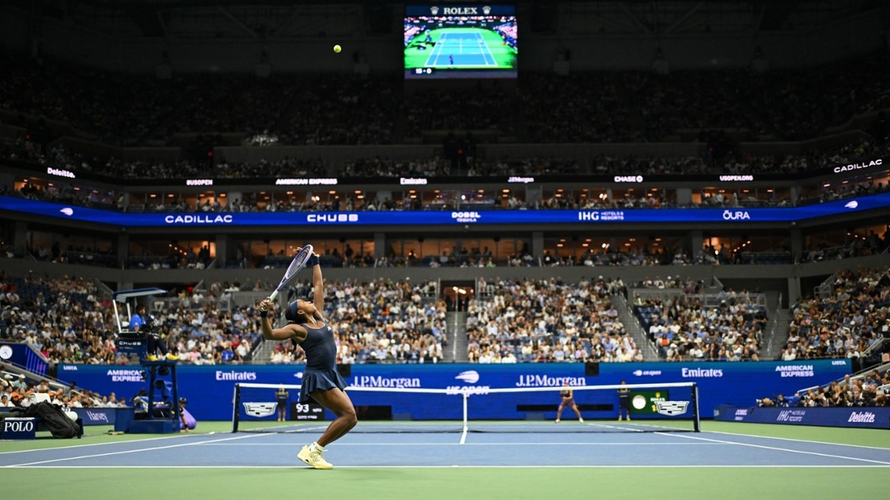 Coco Gauff serves during a Women's Singles match on Day Three of the 2026 US Open at USTA Billie Jean King National Tennis Center on Tuesday, September 1, 2026 in Flushing, NY. (Photo by Ben Solomon/USTA)