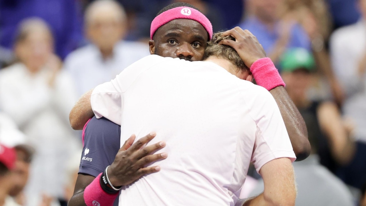 Frances Tiafoe hugs Alex Michelsen after a Men's Singles quarterfinal match on Day Ten of the 2026 US Open at USTA Billie Jean King National Tennis Center on Tuesday, September 8, 2026 in Flushing, NY. (Photo by Simon Bruty/USTA)