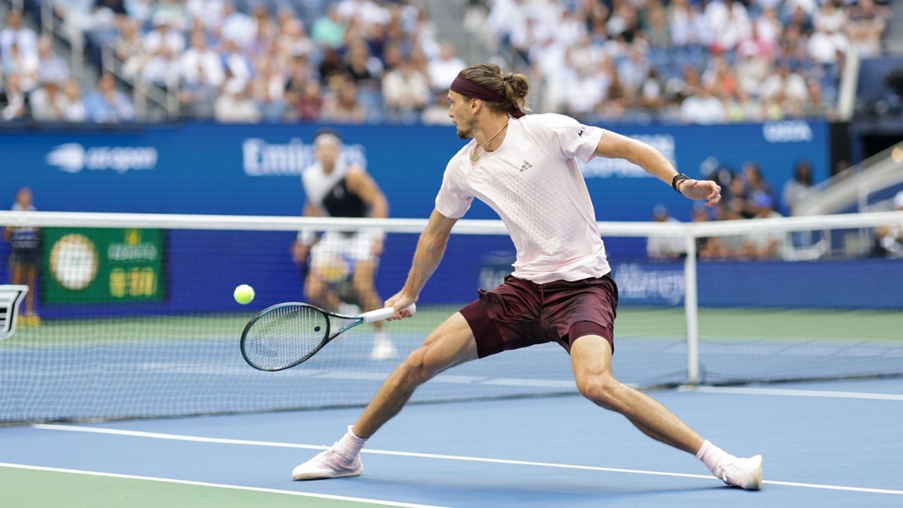 Alexander Zverev hits a backhand during a Men's Singles championship match on Day Fifteen of the 2026 US Open at USTA Billie Jean King National Tennis Center on Sunday, September 13, 2026 in Flushing, NY. (Photo by Simon Bruty/USTA)